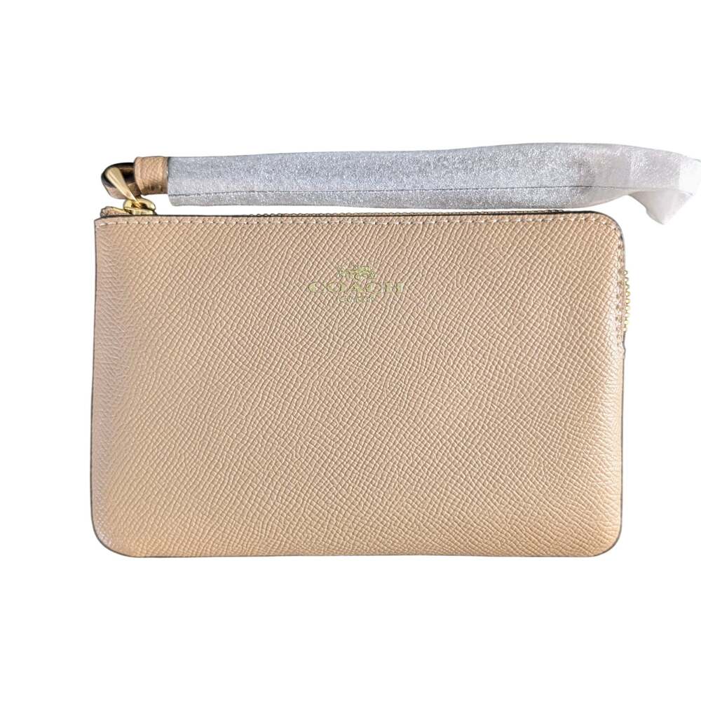 NWT Coach Corner Zip Wristlet Taupe Crossgrain Leather Wallet Gold Preppy Casual